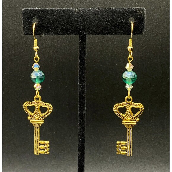 Steampunk Key with Aqua Green Crystal Earrings by Neanie-Bot - Picture 2 of 3